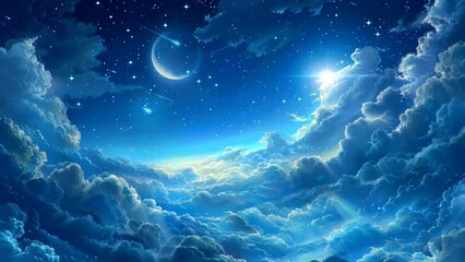 Wall Mural - Moonlit Reverie: Awe-Inspiring Night Sky Views with the Moon and Glittering Stars. Seamless looping time-lapse virtual 4k video animation background