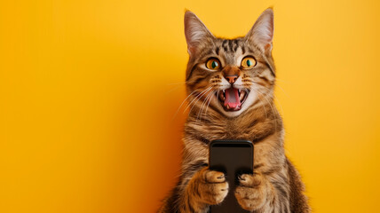  domestic cat holding a cell phone with its paws on a plain yellow background simulating a studio photo