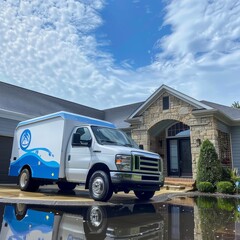 A white van with blue writing on it is parked in front of a house