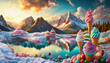 paesaggio iperealistico con caramelle e montagne di panna e zucchero filato, paese dei dolci e delle caramelle, colori vibranti e coni gelato fantasia, mondo di caramelle surreale