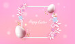 Happy Easter design with realistic eggs. Holiday easter card with paper cut flowers and confetti on pink background. Vector Illustrator with frame. Spring concept.