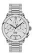 Realistic clock chronograph watch for men silver grey face black arrow on white background luxury vector illustration.