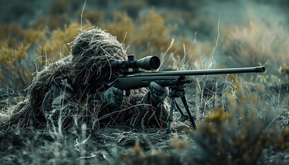 Ghillie-clad Special Forces sniper camouflaged on ground with rifle