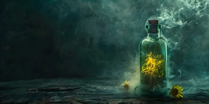A Joyful Hunter Discovers a Goblin in a Bottle That Transforms into Smoke and Rises Up. Concept Adventure, Fantasy, Mysterious Discoveries, Transformation, Magical Encounters