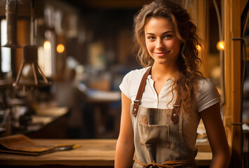 Wall Mural - Beautiful young girl wearing elegant white shirt poses in a house.