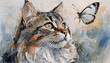 Cat portrait is watercolor painted, with a butterfly flies next to the cat. watercolor illustration. closeup.