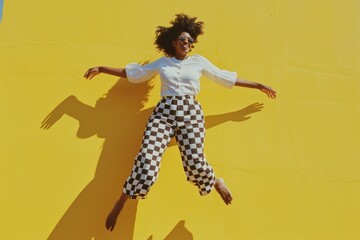 Joyful Leap on Yellow Background, exuberant person takes a mid-air leap, casting a dynamic shadow on a vivid yellow surface, embodying joy and freedom