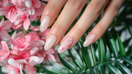 Sticker - beautiful nails art manicure on beautiful hands on the flowers 