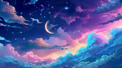 Wall Mural - Starry Nocturne: Mesmerizing Scenes of a Beautiful Night Sky with Moon and Stars. Seamless looping time-lapse virtual 4k video animation background