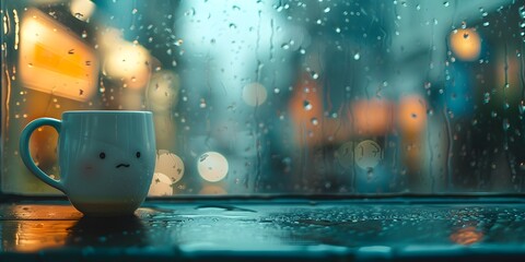 Sticker - Rainy Window Reflections and Comforting Coffee Moment of Peaceful Solitude