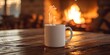 Cozy Fireplace and Steaming Coffee Mug Create Warm and Relaxing Ambiance