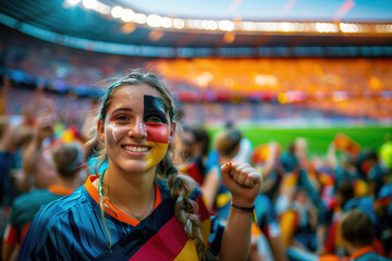 Wall Mural - German soccer fan woman with national flag of german painted on her face.. Celebrating crowd in a stadium. Cheering during a match in stadium