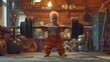 Baby Powerlifter's Dream, baby boy humorously pretends to lift a heavy barbell, representing strength and determination, in a whimsical home gym setting