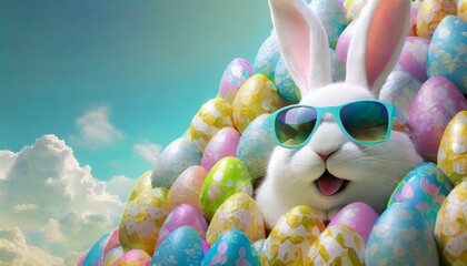 Poster - An Easter bunny with his head poking out of a gigantic amount of Easter eggs that form a mountain.
