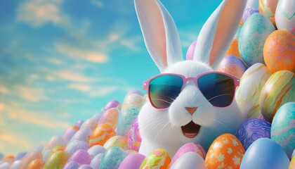 Poster - An Easter bunny with his head poking out of a gigantic amount of Easter eggs that form a mountain.
