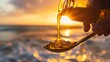 Sunset Elixir: Pouring Liquid Honey Against a Seascape - Nature's Sweetness