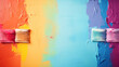 Colorful Paint Rollers on Multicolored Surface. Paint roller applying vibrant hues on a multicolored wall, close-up, simple, banner template with copy space