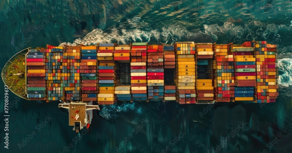 Array Container Ship A cargo ship travels across the sea, its deck stacked with a vibrant ...