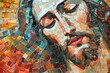Detailed mosaic, Jesus  serene face, spectrum of peace hues, realistic illustration, emotionrich