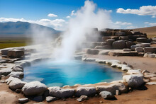 Outdoor Hot Geyser Spring With Hot Steam And Thermal Water. Hot Natural Thermal Water In A Stone Bath.