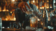 close up of a barman doing cocktail in the bar, barman in the pub, close up o a cocktail on the table