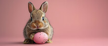 Delightful Brown Rabbit Gripping A Small Pink Easter Egg With A Solid Colored Backdrop