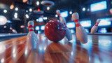 Fototapeta  - Energetic strike in a bowling game with ball hitting pins and sparks flying