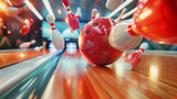 Fototapeta  - Energetic strike in a bowling game with ball hitting pins and sparks flying