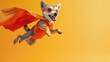 Joyful canine dressed as a superhero soars with a vibrant flowing cape on a sunny orange background