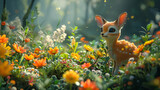 Fototapeta Pokój dzieciecy - A peaceful scene of a fawn standing gracefully in a field of vibrant flowers, creating a serene and picturesque natural setting