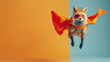 A clever fox with a superhero costume against a colorful split background mid-flight