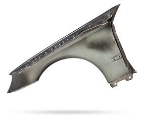 Poster - Black metallic fender on a white isolated background in a photo studio for sale or replacement in a car service. Mudguard on auto-parsing for repair or a device to protect the body from dirt.