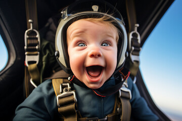 Wall Mural - AI generated image of cute funny sweet baby skydiver flying in blue sky