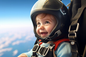 Wall Mural - AI generated image of cheerful happy funny baby skydiver free falling