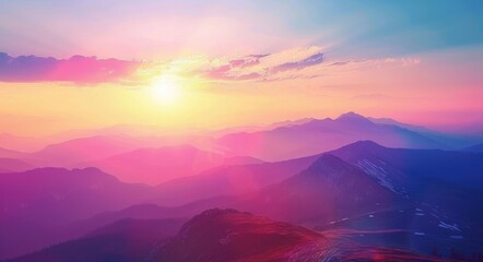 Wall Mural - Daybreak. A Panoramic View of Colorful Sunrise in the Mountains - Awakening Wildlife and Emotional Romance