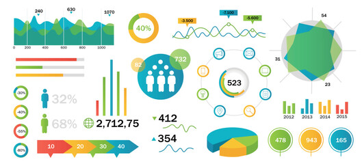 Wall Mural - set of infographic elements in green, blue, yellow and red colors in flat design. color graphs, char