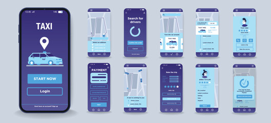 Concept of taxi service mobile app in flat design. Set of interface screens with user page, taxi booking, city navigation, online payment option and driver service rating. Vector Illustration.
