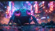 A cute lophophora character with oversized eyes wandering through a neonlit urban jungle skyscrapers towering above