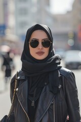 Modern Style. Urban Fashion Trend: Stylish Muslim Woman Walking in City with Authentic Middle Eastern Fashion