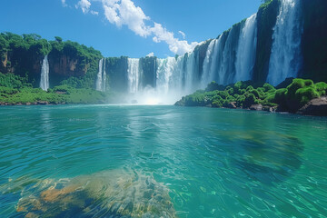 Wall Mural - panoramic view of the lagoon with blue water under a huge waterfall