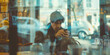 Man absorbed in his phone at a city café, with street reflections.