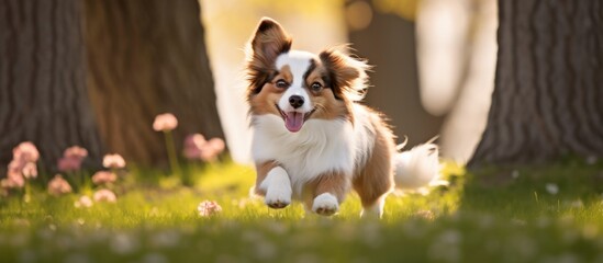 Sticker - A carnivore dog breed companion is running through a grassy field. This terrestrial animal, a toy dog, is enjoying the freedom of being a working dog