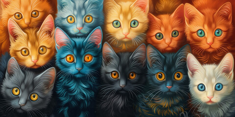 Wall Mural - A group of cats with different colors