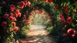 A secluded garden path is framed by arches of blooming roses, their rich reds and pinks a stark contrast against the lush green foliage.