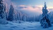 A snow-covered pine forest at dawn, the trees heavy with snow, stand silent and majestic. 