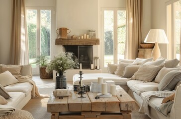 A light and airy living room with soft beige sofas, natural wood coffee table, wooden fireplace in the background, and large windows showing garden view