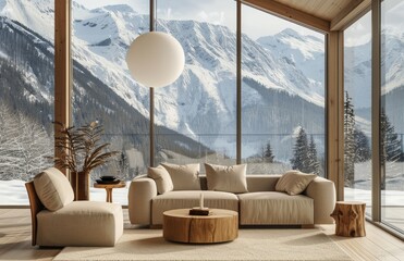 A living room with a beige sofa, armchair and coffee table in front of floor-to-ceiling windows overlooking the snow-covered mountains outside