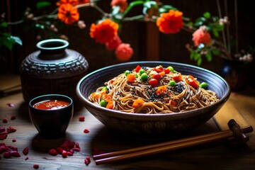 Wall Mural - Sesame adorned buckwheat noodles with meat and veggies in a bowl on wooden table