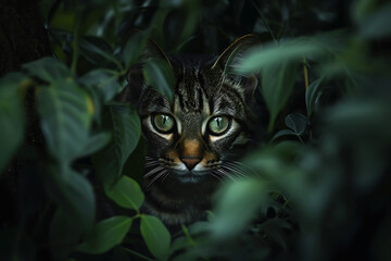 a cat peeking out from behind some greenery to the righ 9666f811-39bd-4575-921b-47f490c23e7d