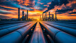 Sunset View of Pipelines Leading to Industrial Petrochemical Plant
